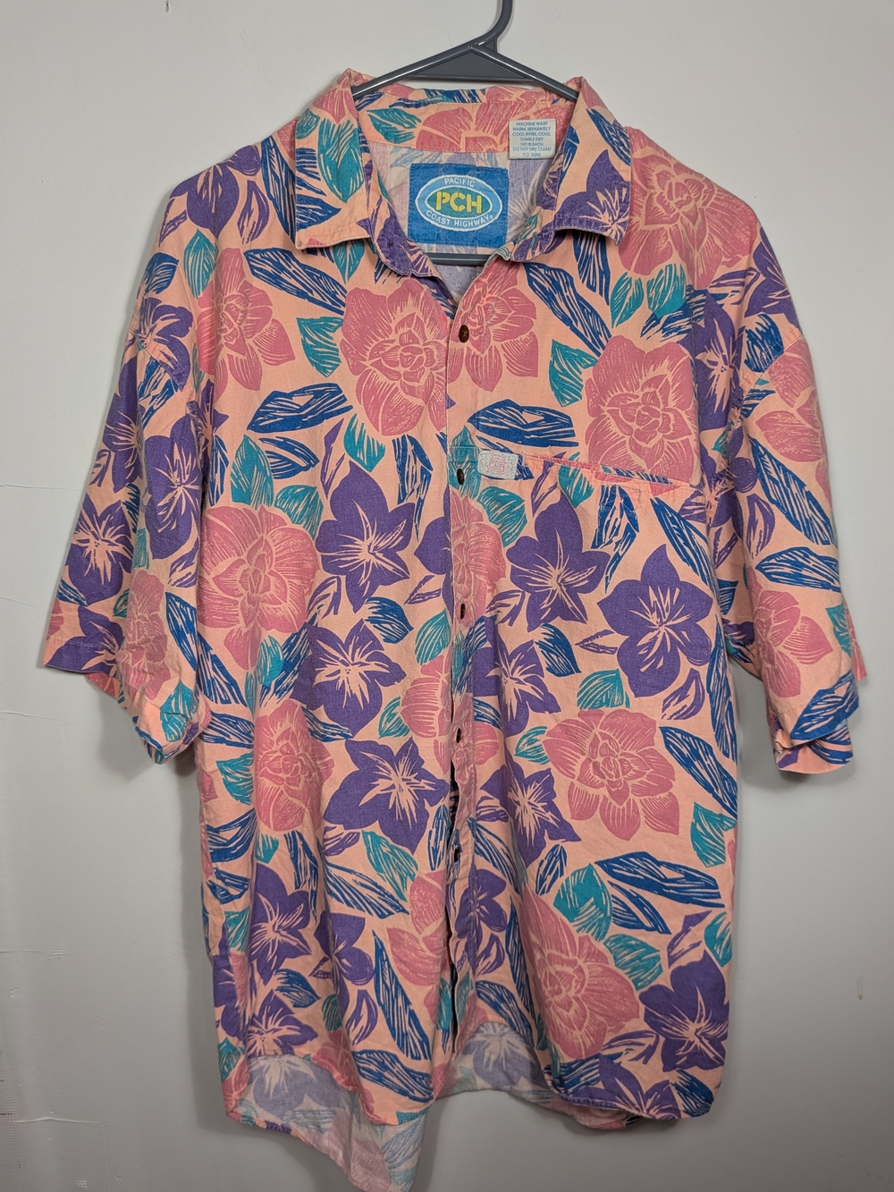 Vintage Pacific Coast Highway Hawaiian Mens Tropical Floral Surf Beach Button Up